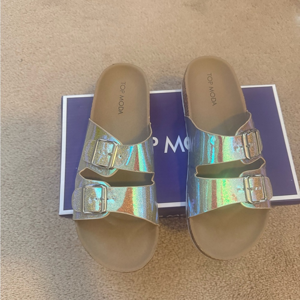 TOP Moda Iridescent Double Buckle Slides